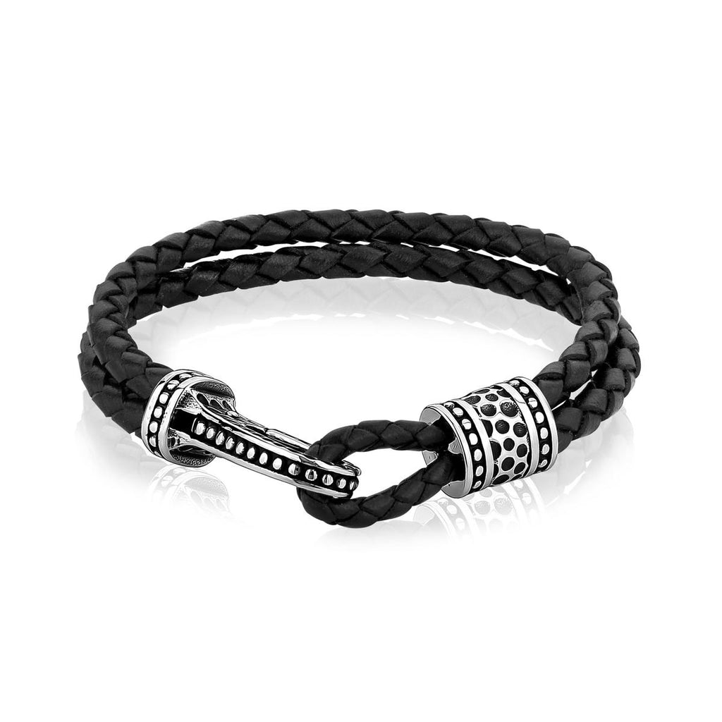 A.R.Z STEEL - STAINLESS STEEL CLASP BLACK LEATHER BRACELET – CABIN